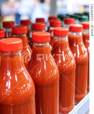 Many bottles of tomato ketchup on the shelf Many bottles of tomato ketchup on the shelf 128808361