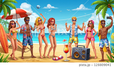海だ！酒だ！騒げ！全力夏モードのパリピたち　生成Ai画像 128809041
