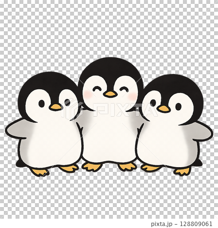 Three friendly penguins with their arms around each other Three friendly penguins with their arms around each other 128809061