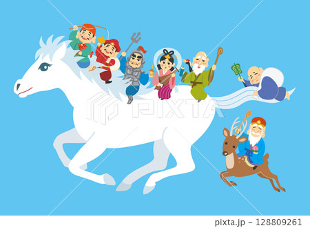 年賀状素材イラスト　午年　白馬　七福神 128809261