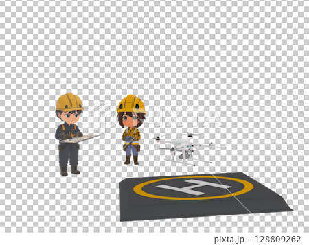 Workers, site managers, and drone pilots operating drones for surveying and photography at construction and civil engineering work sites Workers, site managers, and drone pilots operating drones for surveying and photography at construction and civil engineering work sites 128809262
