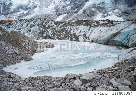 Natural pond appeared next to Everest base camp caused of Khumbu glacier melting. 128809384