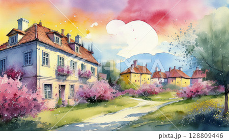 水彩で描いたヨーロッパの街並み 水彩で描いたヨーロッパの街並み 128809446