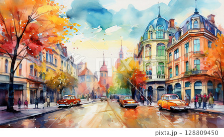 水彩で描いたヨーロッパの街並み 水彩で描いたヨーロッパの街並み 128809450