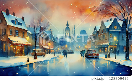 水彩で描いたヨーロッパの街並み 128809453