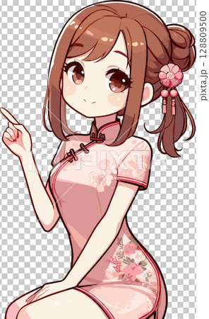 指をさすチャイナ服の女性のイラスト 指をさすチャイナ服の女性のイラスト 128809500