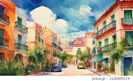水彩で描いたヨーロッパの街並み 水彩で描いたヨーロッパの街並み 128809514