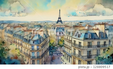 水彩で描いたヨーロッパの街並み 水彩で描いたヨーロッパの街並み 128809517