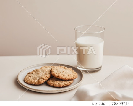 Freshly baked cookies with a glass of milk on a simple background 128809715