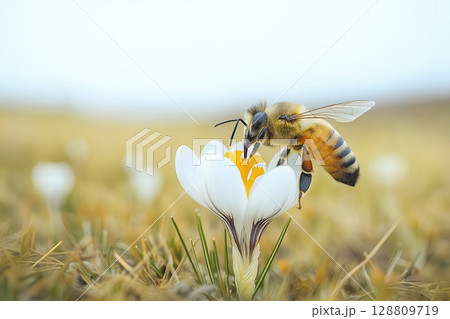 Bee collecting nectar from a white crocus flower in early spring 128809719