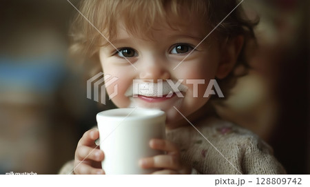 Sweet child enjoying milk with a playful smile and foam on their face Sweet child enjoying milk with a playful smile and foam on their face 128809742