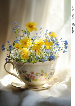 Beautiful bouquet of yellow and blue flowers in a delicate teacup Beautiful bouquet of yellow and blue flowers in a delicate teacup 128809756