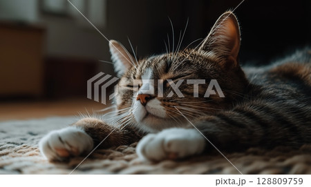 Cute tabby cat sleeping peacefully near a window 128809759