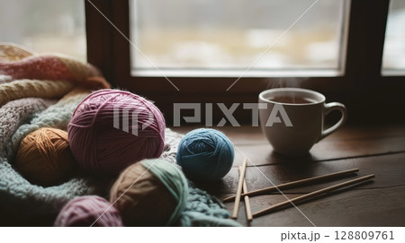 Warm yarn, hot mug creates cozy crafting scene. Cozy ambiance offers pure comfort 128809761