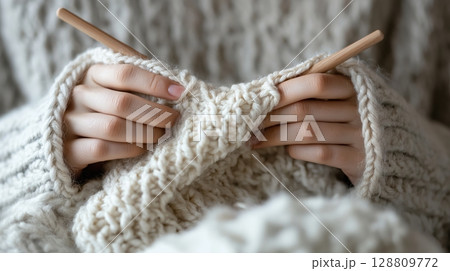Hands knitting warm sweater. Cozy knitting shows skill, comfort, peaceful knitting hobby Hands knitting warm sweater. Cozy knitting shows skill, comfort, peaceful knitting hobby 128809772
