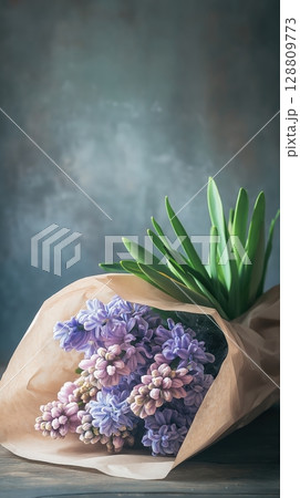 Bouquet of beautiful flowers wrapped in paper on a rustic wooden table Bouquet of beautiful flowers wrapped in paper on a rustic wooden table 128809773