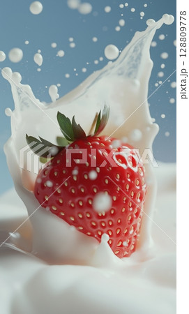 Juicy strawberry splashing in creamy milk against a blue background 128809778