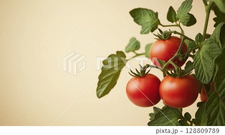 Red tomatoes growing on a vine with soft background Red tomatoes growing on a vine with soft background 128809789