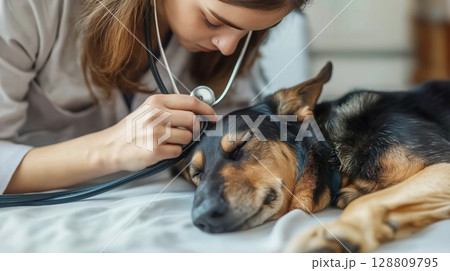 Veterinarian examining a dog is ear during a medical check-up 128809795