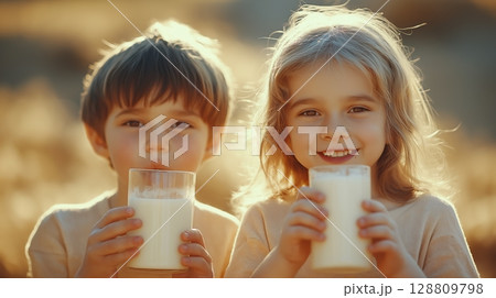 Children enjoying milk while smiling in a sunlit outdoor setting 128809798