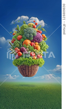 空飛ぶ野菜のバスケット 128809830