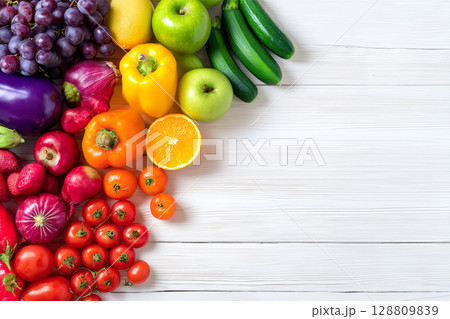 アンティークな白い机の上に並べられた野菜とフルーツ 128809839