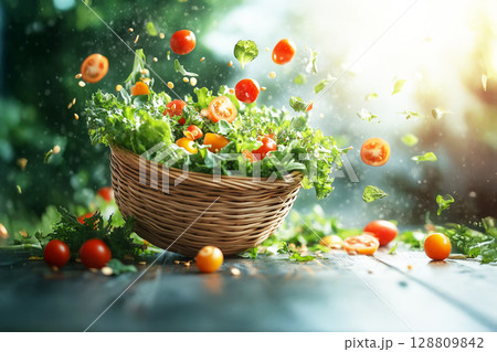 空飛ぶ野菜のバスケット 128809842