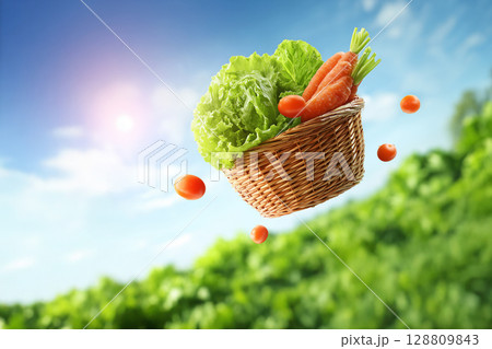 空飛ぶ野菜のバスケット 128809843