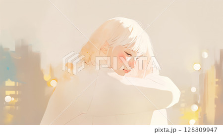 夜の街を歩く女性の水彩イラスト 128809947