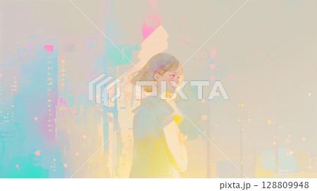 夜の街を歩く女性の水彩イラスト 128809948