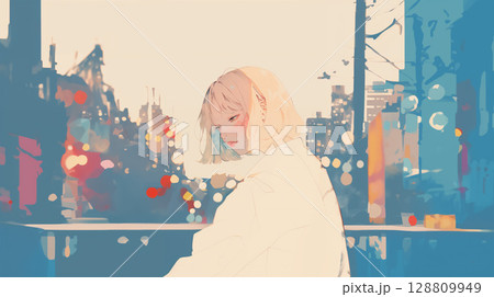 夜の街を歩く女性の水彩イラスト 128809949