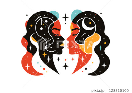 ふたご座（双子座）カラフルな二人の女性と星のアイコン 128810100