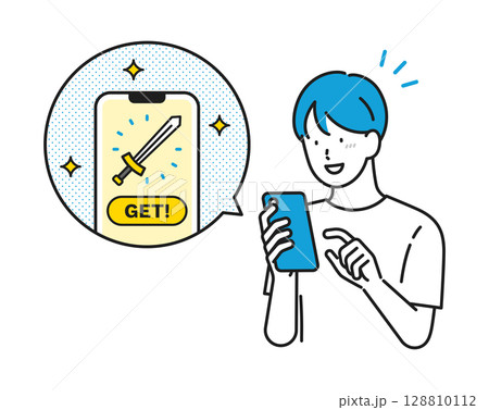 イラスト素材: スマホゲームで買い物をする男の子 128810112