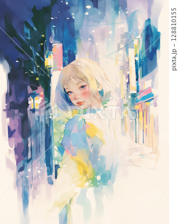 都会の風景と女性の水彩ポートレート 都会の風景と女性の水彩ポートレート 128810155