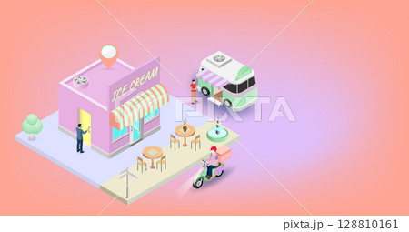 Ice Cream Shop with Food Truck and Delivery Isometric Illustration Ice Cream Shop with Food Truck and Delivery Isometric Illustration 128810161