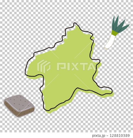 群馬縣地圖和當地特產的插圖 128810389