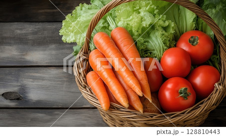Wicker basket full of fresh carrots and tomatoes on a wooden table 128810443
