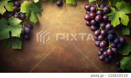 Dark grapes with green leaves on a rustic textured background for copy space 128810510