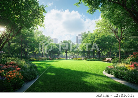 Lush green park with trees and flowers on sunny day Lush green park with trees and flowers on sunny day 128810515