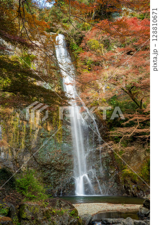 秋の紅葉に縁取られた雄大な箕面大滝。箕面公園、大阪 秋の紅葉に縁取られた雄大な箕面大滝。箕面公園、大阪 128810671