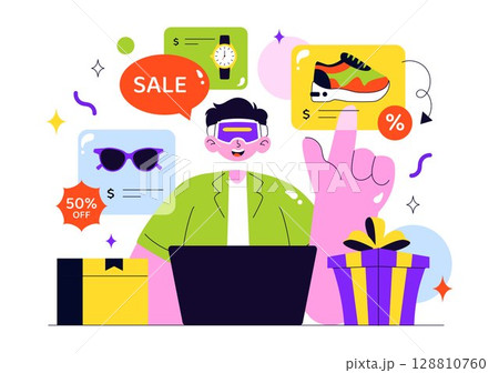VR Shopping Vector Illustration featuring People Using Virtual Reality Digital Glasses to Experience Innovative Metaverse Shopping in a Background 128810760