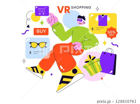 VR Shopping Vector Illustration featuring People Using Virtual Reality Digital Glasses to Experience Innovative Metaverse Shopping in a Background 128810761