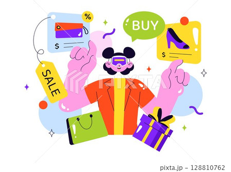 VR Shopping Vector Illustration featuring People Using Virtual Reality Digital Glasses to Experience Innovative Metaverse Shopping in a Background 128810762
