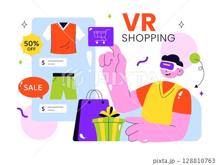 VR Shopping Vector Illustration featuring People Using Virtual Reality Digital Glasses to Experience Innovative Metaverse Shopping in a Background 128810763