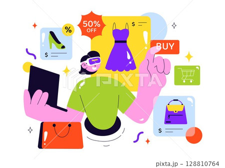VR Shopping Vector Illustration featuring People Using Virtual Reality Digital Glasses to Experience Innovative Metaverse Shopping in a Background 128810764