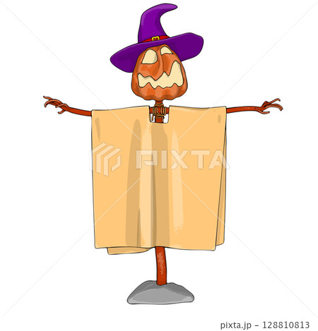 Halloween Scarecrow Lantern Jack pumpkin funny and cute. One of the symbols of the autumn holiday. Vector illustration. 128810813