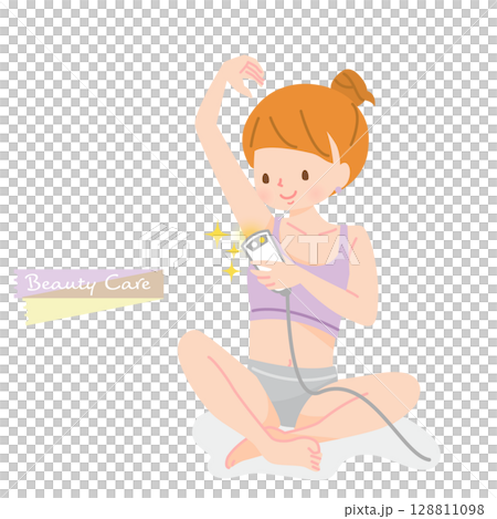 A young woman removing her underarm hair herself 128811098