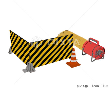 建設土木工事現場での地下工事のバリケードと酸欠防止の送風機 128811106