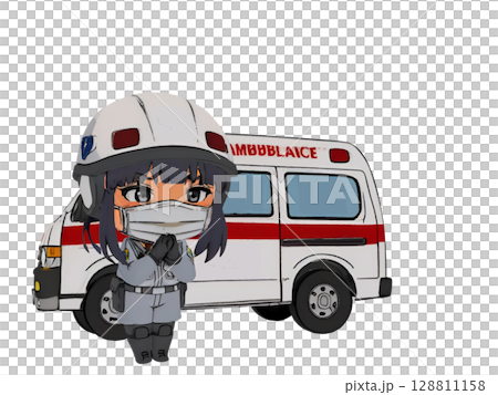 A female paramedic and an ambulance requesting assistance with emergency transport 128811158