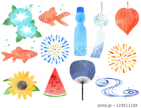 夏の涼し気な和風小物イラスト素材集 128811188